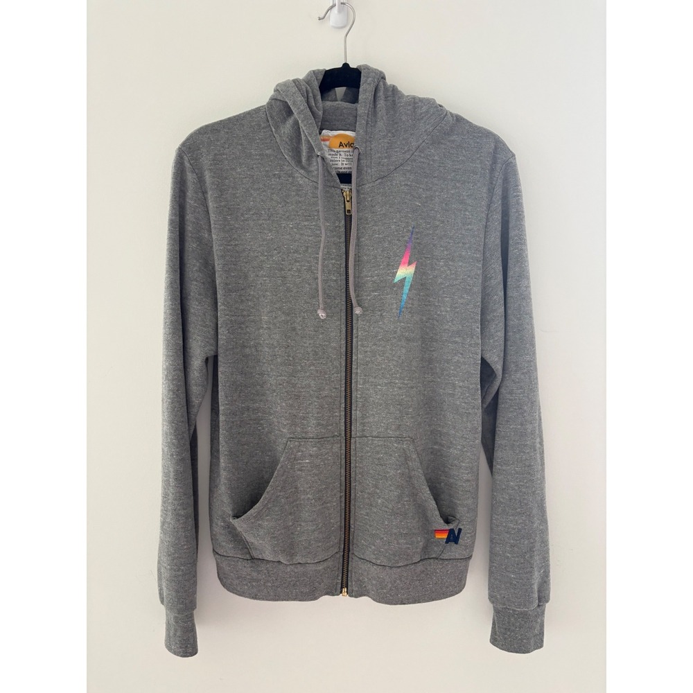 Aviator Nation Gray Rainbow Lightning Bolt Zip Up Hoodie Unisex Medium USA